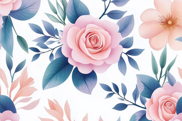 Poster - Delicate pink roses and blue leaves creating a seamless floral pattern