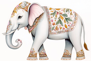 Wall Mural - Decorated elephant walking with floral blanket and jewelry