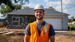 © Alex Piatkowski - A confident young man in construction gear standing in front of a newly built one-story house with a flat roof
