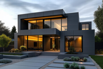 Poster - Modern gray minimalist house exterior with garden and concrete pathway at dusk