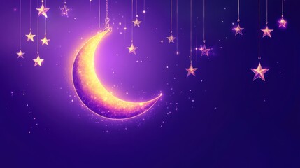 Wall Mural - glittering moon and stars in a dreamy purple night sky scene