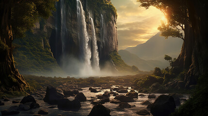 Poster - Majestic Waterfall in a Lush Forest Landscape