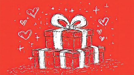 Wall Mural - Festive red gift boxes with white ribbons and hearts create joyful atmosphere