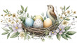© Andres Mejia - Bird sitting on nest with easter eggs and spring flowers