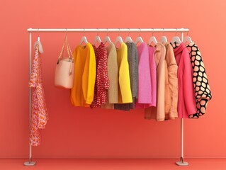 Colorful clothing display on a rack.