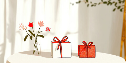 Wall Mural - simple illustration of gifts and flowers on table, evoking joy