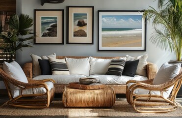 Wall Mural - Coastal-inspired interior with framed artwork and serene design elements