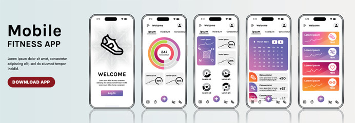 Wall Mural - a sleek fitness app interface template featuring responsive design elements, including dashboards, c