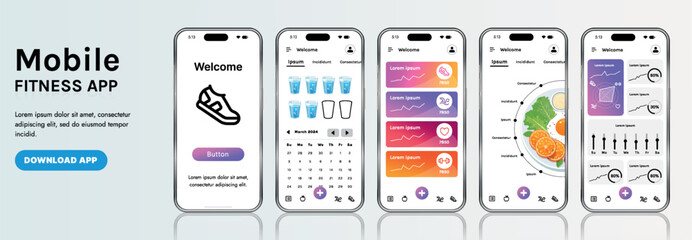 Wall Mural - a sleek fitness app interface template featuring responsive design elements, including dashboards, c