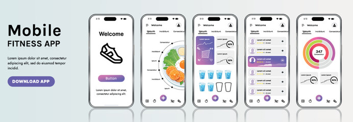 Wall Mural - a sleek fitness app interface template featuring responsive design elements, including dashboards, c