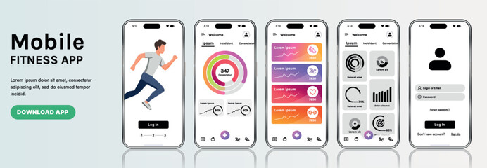 Wall Mural - a sleek fitness app interface template featuring responsive design elements, including dashboards, c