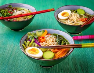 Wall Mural - Bowls of Asian soup noodles and vegetables with Chopstick 