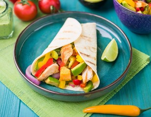 Wall Mural - Mexican fajita wraps with grilled chicken fillet and fresh vegetables