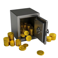 Canvas Print - 3D render, small safe open door gold coins spilling out dollar symbols stacks of coins