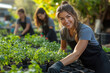 © David - Volunteers placing potted plants in a community garden, with just the plants and hands in focus. bright lighting, contrast