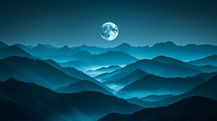 Canvas Print - Full moon over misty mountain range at night.