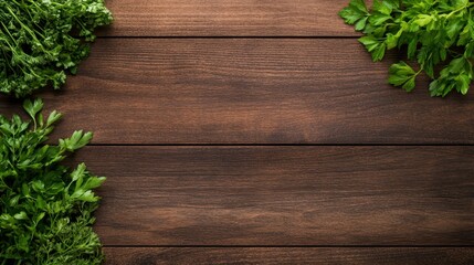 Wall Mural - Freshly picked herbs on a rustic wooden background, showcasing vibrant green parsley and coriander leaves for culinary inspiration.