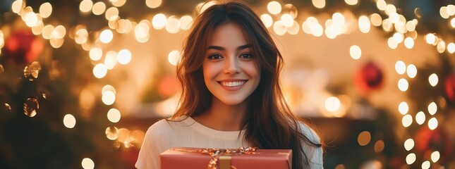 Wall Mural - Smiling woman holding a gift by festive lights.