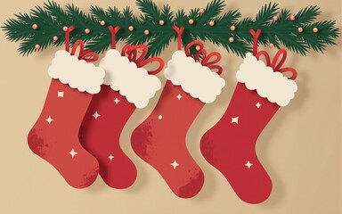 Four Red Christmas Stockings and Garland