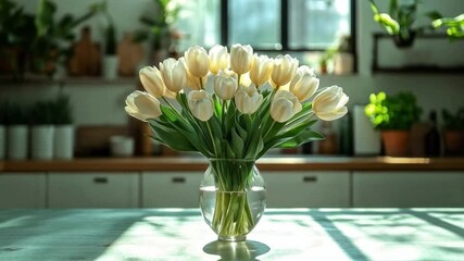 Wall Mural - A bouquet of white tulips fills a clear vase, sitting on a kitchen table. Sunlight streams through the window, creating a warm atmosphere. Spring decor enhances the cozy environment.