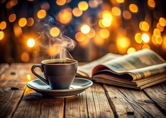 Wall Mural - Aromatic Turkish Coffee & Morning News: Bokeh Wooden Table Stock Photo