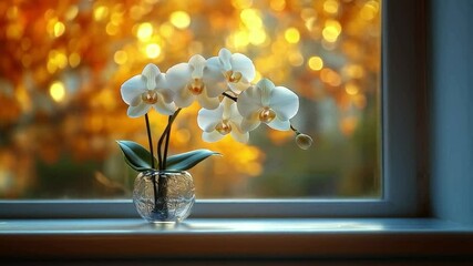Poster - A beautiful white orchid stands elegantly in a glass vase on a kitchen windowsill. The vibrant autumn foliage outside creates a warm, glowing backdrop, enhancing the cozy atmosphere of the space.