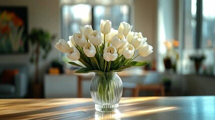 Poster - A vibrant bouquet of white tulips arranged in a clear glass vase sits gracefully on a wooden kitchen table. Sunlight filters through large windows, enhancing the cozy atmosphere of the spring day.