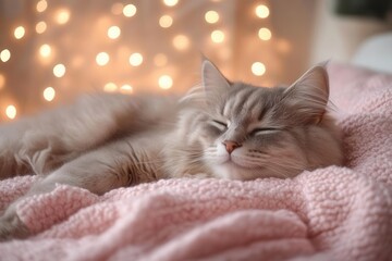 Wall Mural - cozy bedroom with a fluffy cat peacefully sleeping on a soft, inviting bed, pastel colors and warm lighting create a serene atmosphere, emphasizing comfort and tranquility