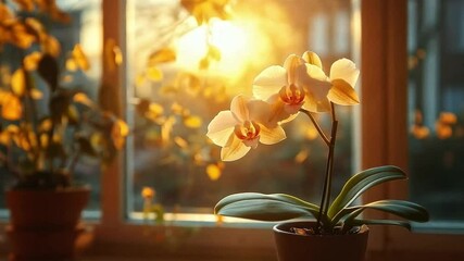Poster - In a cozy kitchen filled with warmth, an elegant orchid blooms beside a window.