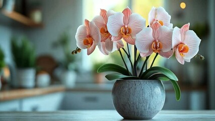 Poster - A vibrant orchid arrangement sits elegantly in a gray pot on a kitchen countertop. The warm kitchen atmosphere features soft lighting and natural elements, creating a relaxing environment.