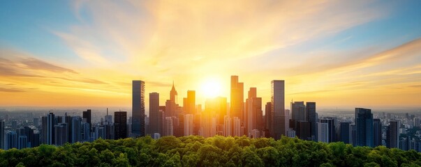 Wall Mural - A breathtaking skyline at sunset, with towering buildings silhouetted against a vibrant sky, framed by lush greenery in the foreground.