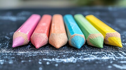 Close-up of colorful, used chalk pencils on a blackboard.