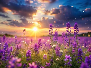 Wall Mural - Blooming Purple Flowers Meadow Cloudy Sky Bokeh Photography