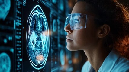 Poster - A female medical professional studies a detailed holographic brain scan in a laboratory setting. The futuristic environment highlights the integration of technology in healthcare and diagnostics.