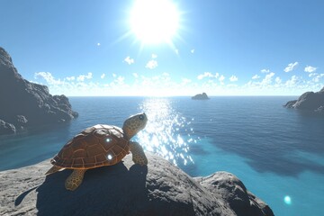 Wall Mural - Serene Turtle Basking on Coastal Rock Beneath a Clear Blue Sky Overlooking the Ocean