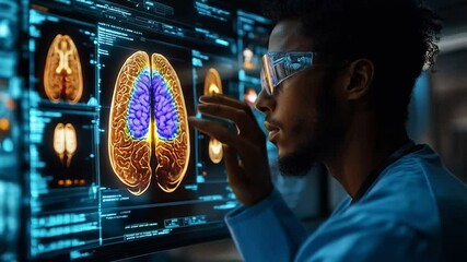 Fototapete - A medical professional examines detailed holograms of human anatomy in a futuristic laboratory. The scene highlights advanced technology and innovative techniques used in modern medicine.