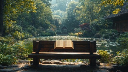 Poster - Open book on wooden bench, tranquil pond.