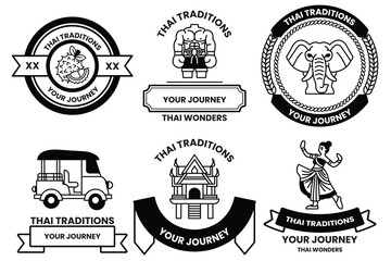 Wall Mural - set of illustrations in the concept of thai tourism and thai culture in a line style