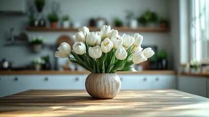 Poster - A charming kitchen filled with natural light showcases a vase of fresh white tulips on a wooden table. The vibrant flowers add a touch of spring to the warm and inviting space.