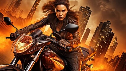 Wall Mural - Action shot with woman on the bike riding away from fire and explosion. Dynamic scene in action movie blockbuster style