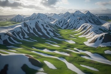 Wall Mural - Aerial View of Snow-Capped Mountains and Verdant Valleys - Nature and Travel Themes