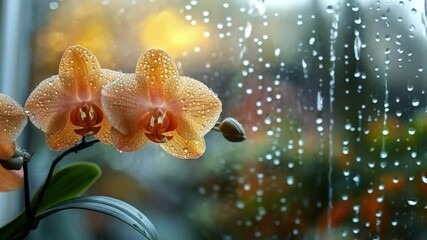 Poster - Delicate orange orchids flourish in a kitchen setting, droplets of rain cascading down the window.