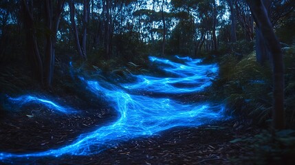 Wall Mural - Glowing Blue Trail Through A Dark Forest