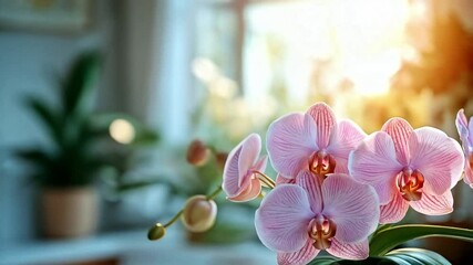 Poster - A serene kitchen is adorned with a beautiful pot of pink orchids, basking in warm sunlight.