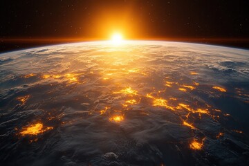 Wall Mural - Stunning sunrise over Earth reveals glowing cities and clouds from space