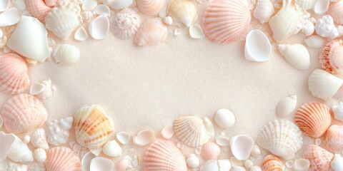 Sticker - Soft pink and cream seashells scattered on pale sand, natural and elegant, perfect for decor.