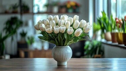 Poster - A beautiful arrangement of white tulips stands elegantly in a ceramic vase on a wooden table. The spring sunlight filters through the kitchen windows, illuminating the fresh flowers and greenery.