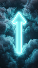 Wall Mural - A neon blue arrow pointing upwards in the sky