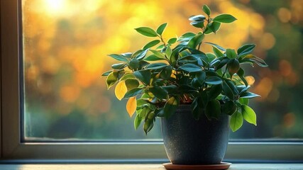 Poster - In a cozy kitchen, a vibrant orchid sits by the sunlit window. The warm sunlight creates a soft glow, highlighting the leaves and bringing a sense of tranquility to the space.