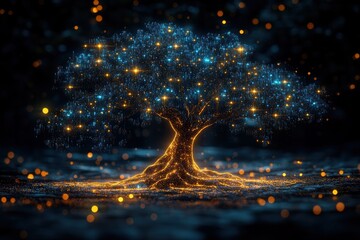 Wall Mural - illuminated tree with glowing nodes showcasing a shimmering digital landscape at night